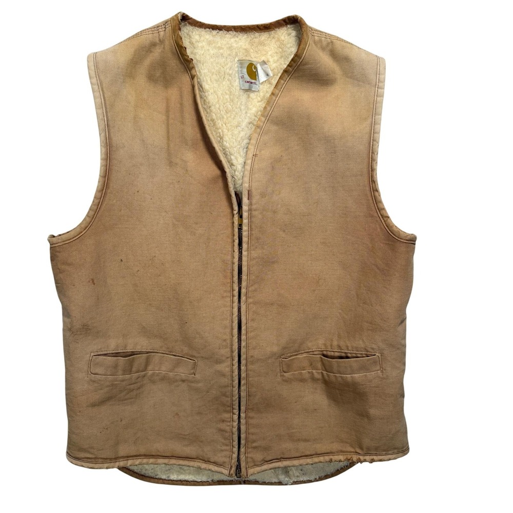 Carhartt‎ Sherpa Lined Canvas Vest Tan Workwear Utility Size LT